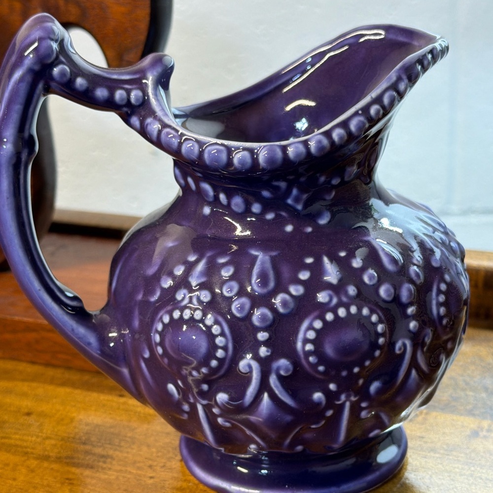 Camark Pottery Pitcher Embossed Ornate Purple Baroque Style Vintage - Picture 3 of 12